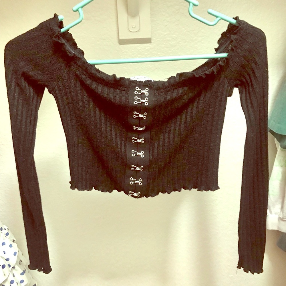 Love, Fire: Black, Ribbed, Long-Sleeved, Crop Top